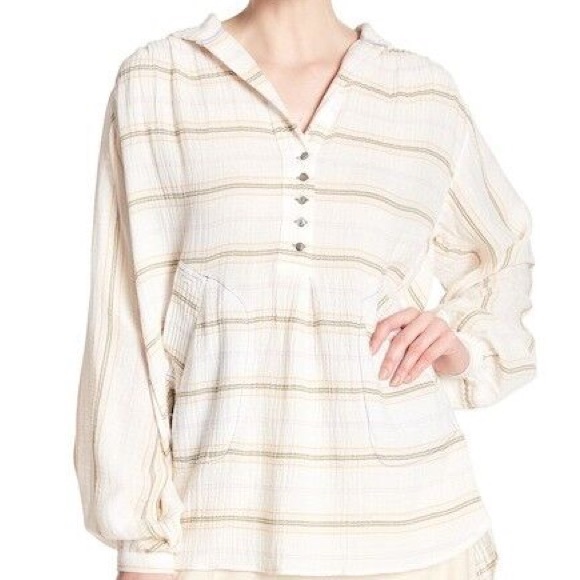 Free People Rolling Clouds 100% Cotton Hooded Blouse Ivory Cream Striped - Picture 3 of 8